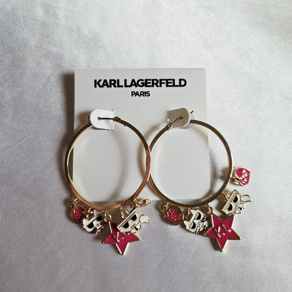 Karl Lagerfeld Gold Hoop Earrings with Pink and White Charms